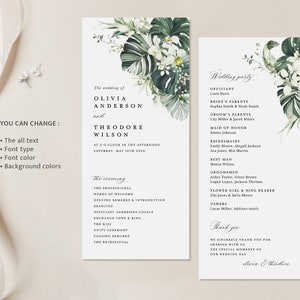 Tropical Wedding Programs Template, Monstera Ceremony Program, Boho Sage Palm Tree Destination Beach Itinerary, Printable, Instant Download image 5