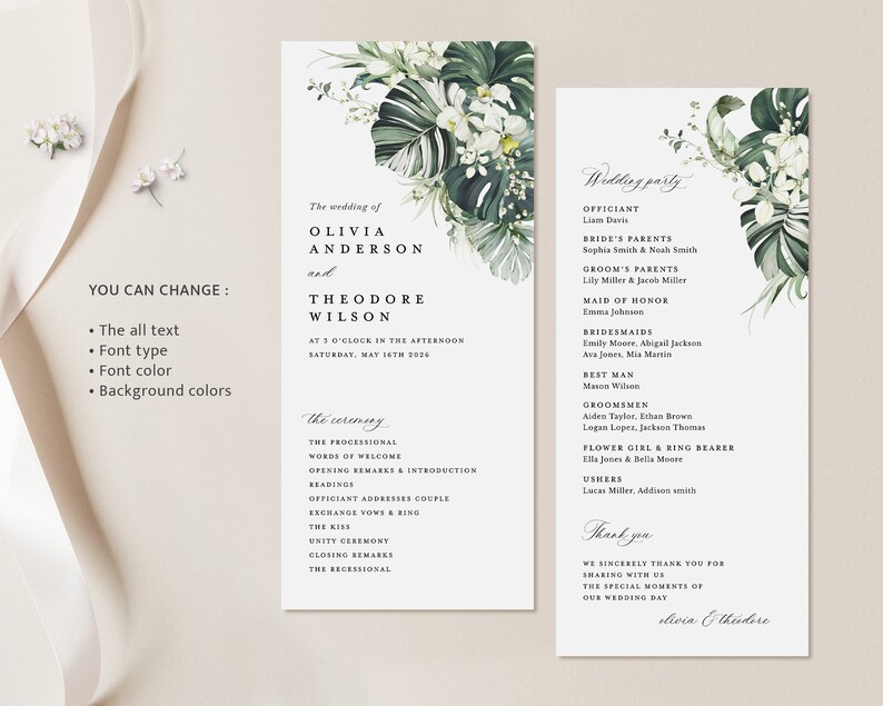 Tropical Wedding Programs Template, Monstera Ceremony Program, Boho Sage Palm Tree Destination Beach Itinerary, Printable, Instant Download image 5