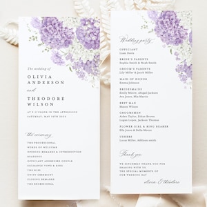 Może przedstawiać: Elegancki program ślubny z kwiatowym wzorem fioletowych i białych hortensji. Program zawiera imiona pary, Olivii Anderson i Theodore'a Wilsona, oraz szczegóły uroczystości.