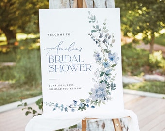 Dusty Blue Bridal Shower Welcome Sign Template, Wildflower Boho Bridal Brunch Sign, Printable Floral Light Steel Blue Welcome Sign, Download