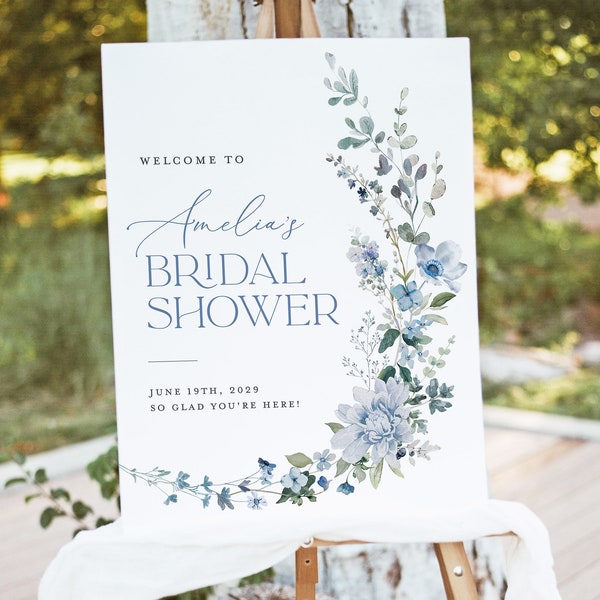 Dusty Blue Bridal Shower Welcome Sign Template, Wildflower Boho Bridal Brunch Sign, Printable Floral Light Steel Blue Welcome Sign, Download