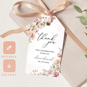 Blush Pink Wedding Favors Tags Template, Boho Floral Thank You Tag ...