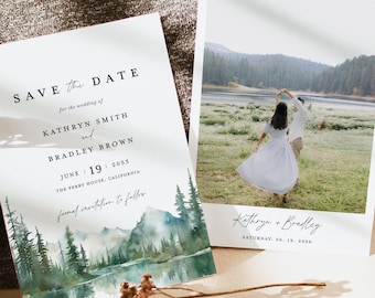 Modello Save the Date in montagna, Save the Date per foto di matrimonio a Lake Forest, Data di matrimonio nel bosco, Biglietti Save the Date stampabili in salvia rustica