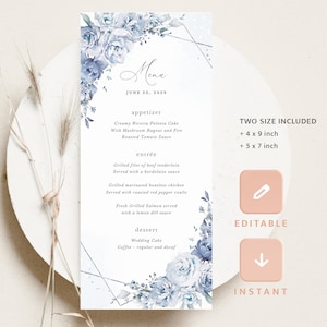Szablon karty menu weselnego Dusty Blue, srebrne menu przyjęcia kwiatowego, eleganckie menu kolacji w jasnoniebieskim kolorze stalowym do wydrukowania, pobierz
