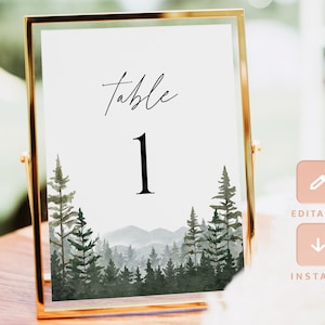 Modello di carta con numero di tavolo per matrimonio in montagna, numeri di tavolo di pino della foresta boschiva, carte con numero di tavolo stampabile fai da te in salvia scura rustica, download