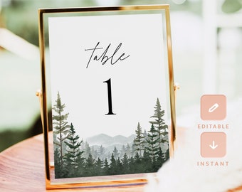 Mountain Wedding Table Number Card Template, Woodland Forest Pine Table Numbers, Rustic Dark Sage Printable DIY Table Number Cards, Download
