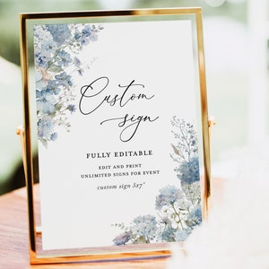 Plantilla de signo de boda personalizado azul polvoriento, signo de decoración de mesa de recepción floral boho, cartel de signo azul de acero claro elegante imprimible editable