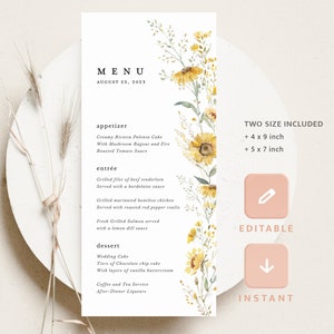 Sonnenblume Hochzeit Menükarten Vorlage, Boho Wildblumen Hochzeitsmenü Karten Vorlage, druckbare elegante Salbei gelb Blumen Abendkarte, Instant Download