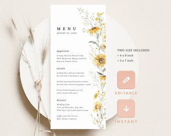 Sunflower Wedding Menu Cards Template, Boho Wildflower Reception Menu, Printable Elegant Sage Yellow Floral Dinner Menu, Instant Download