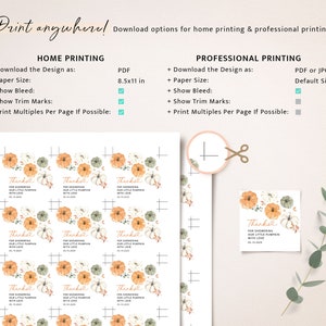 May include: Printable thank you tags with a fall theme. The tags feature a watercolor illustration of pumpkins, flowers, and leaves in shades of orange, green, and white. The text on the tags reads "Thanks for showering our little pumpkin with love".