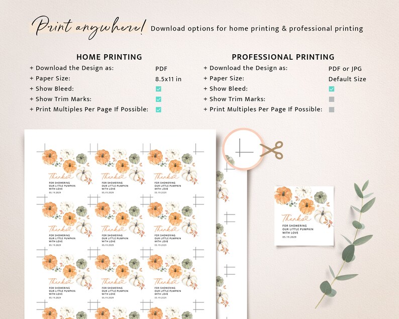 May include: Printable thank you tags with a fall theme. The tags feature a watercolor illustration of pumpkins, flowers, and leaves in shades of orange, green, and white. The text on the tags reads "Thanks for showering our little pumpkin with love".