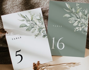 Sage Minimalist Wedding Table Number Template, Eucalyptus Modern Table Numbers, Elegant Boho Greenery Printable DIY Table Number Cards, Cloe