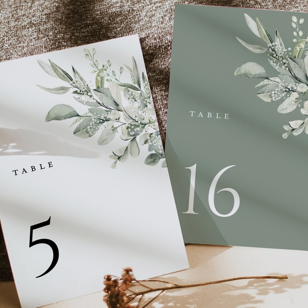 Sage Minimalist Wedding Table Number Template, Eucalyptus Modern Table Numbers, Elegant Boho Greenery Printable DIY Table Number Cards, Cloe