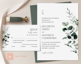 Sage Green Minimal Wedding Invitation Template, Modern Greenery Wedding Invite, Forest Botanical Invitation Set, Printable DIY RSVP