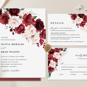 Bourgondische bruiloft uitnodiging sjabloon, Boho Blush Rose bruiloft uitnodigen Suite, elegante Marsala Floral Details kaart, afdrukbare RSVP, downloaden