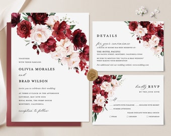 Burgundy Wedding Invitation Template, Boho Blush Rose Wedding Invite Suite, Elegant Marsala Floral Details Card, Printable RSVP, Download