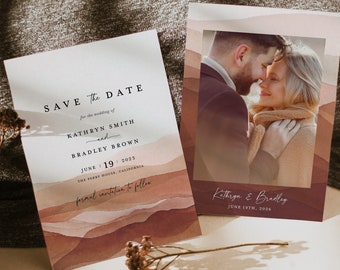 Terracotta Save The Date Template, Minimalist Photo Wedding Save The Dates, Boho Desert Modern Simple Watercolor Save The Date Cards