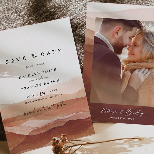 Terracotta Save The Date Template, Minimalist Photo Wedding Save The Dates, Boho Desert Modern Simple Watercolor Save The Date Cards