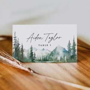 Mountain Wedding Place Card Template, Lake Woodland Forest Editable Escort Tent Card, Rustic Sage Name Seating Folded Card With Meal Choice