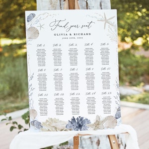 Modelo de gráfico de assentos para casamento, praia azul, oceano, boho imprimível, grande sinal de assento para convidados, placa de assento de mesa de destino náutico