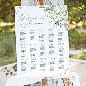 Witte bloemen bruiloft zitplaatsen grafiek sjabloon, salie groen afdrukbare grote gast zitplaatsen grafiek teken, bewerkbare elegante gouden tafel zitplaatsen Board