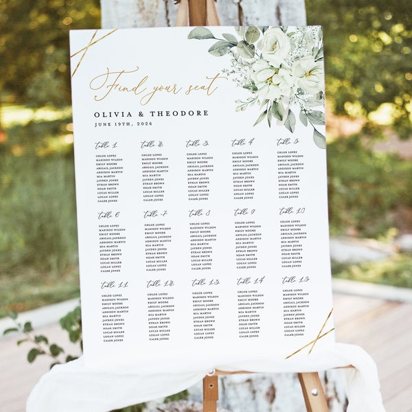 White Floral Wedding Seating Chart Template, Sage Green Printable Large Guest Seating Chart Sign, Editable Elegant Gold Table Seating Board