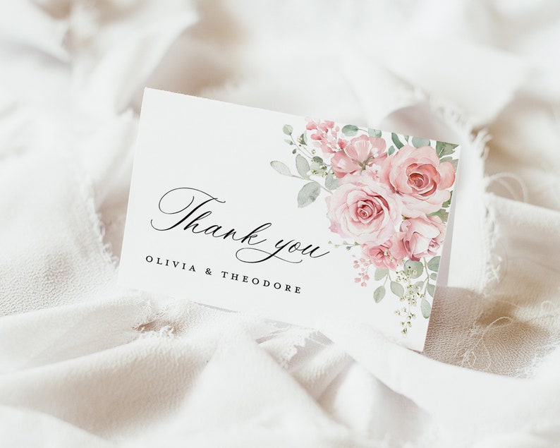 Blush rosa Hochzeit Danke-Karte Vorlage, Blumen Salbei Dankeschön Note, elegante Boho Greenery Rose Dank Tisch Platzkarte, Instant Download Bild 6