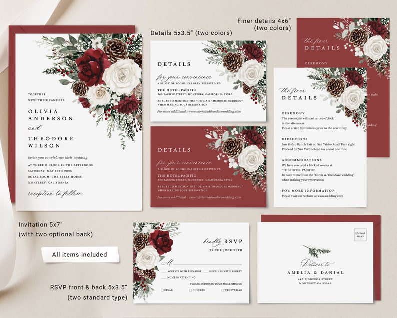 Winter Christmas Wedding Invitation Template Set, Burgundy Floral Wedding Invites Suite, Boho Rustic Forest Pine Rose RSVP Details Card image 3