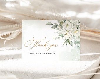 Plantilla de tarjeta de agradecimiento de boda floral blanca, nota de agradecimiento verde salvia, tarjeta de lugar de mesa de agradecimiento personalizada elegante de oro boho, descargar