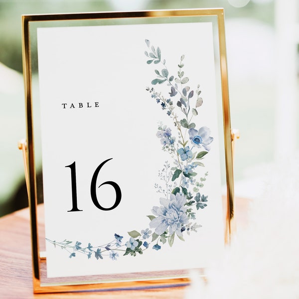 Dusty Blue Wedding Table Numbers Card Template, Boho Wildflower Table Numbers, Elegant Light Blue Floral Printable Table Number Cards