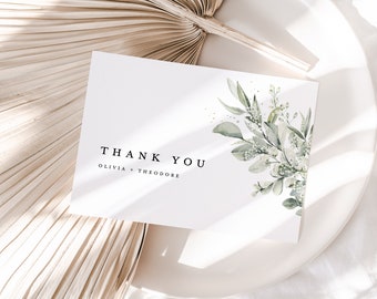 Modèle de carte de remerciement mariage minimaliste, mot de remerciement moderne vert sauge, marque de table de remerciement personnalisé Boho eucalyptus, Cloe