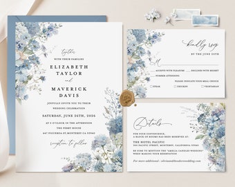 Dusty Blue Wedding Invitation Template Set, Boho Floral Wedding Invite Suite, Elegant Garden Light Steel Blue Details, RSVP, Download