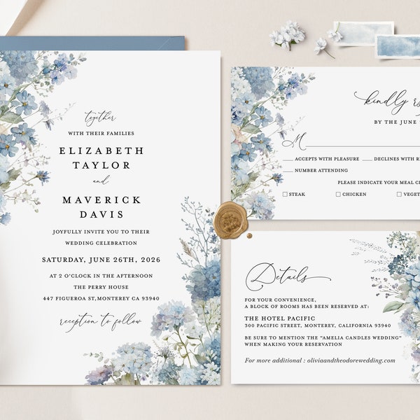 Dusty Blue Wedding Invitation Template Set, Boho Floral Wedding Invite Suite, Elegant Garden Light Steel Blue Details, RSVP, Download