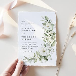 White Floral Wedding Invitation Template, Sage Green Boho Wedding Invitation Suite, Elegant Greenery Flower Minimal Printable Invite Set image 11
