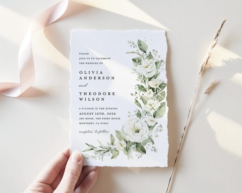 White Floral Wedding Invitation Template, Sage Green Boho Wedding Invitation Suite, Elegant Greenery Flower Minimal Printable Invite Set image 11