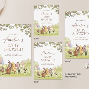 Puede incluir: Una invitaci&oacute;n a una fiesta de bienvenida al beb&eacute; con tem&aacute;tica de Winnie the Pooh con un esquema de color verde, marr&oacute;n y blanco. La invitaci&oacute;n presenta a Winnie the Pooh, Piglet, Tigger y Eeyore. El texto de la invitaci&oacute;n dice "Bienvenido a la fiesta de bienvenida al beb&eacute; de Amelia, 19 de junio de 2026, &iexcl;Estamos encantados de que est&eacute;s aqu&iacute;!" La invitaci&oacute;n est&aacute; disponible en cuatro tama&ntilde;os: 91,44 cm x 60,96 cm, 76,2 cm x 50,8 cm, 60,96 cm x 45,72 cm y 50,8 cm x 40,64 cm.