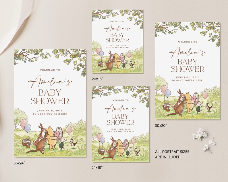 Puede incluir: Una invitaci&oacute;n a una fiesta de bienvenida al beb&eacute; con tem&aacute;tica de Winnie the Pooh con un esquema de color verde, marr&oacute;n y blanco. La invitaci&oacute;n presenta a Winnie the Pooh, Piglet, Tigger y Eeyore. El texto de la invitaci&oacute;n dice "Bienvenido a la fiesta de bienvenida al beb&eacute; de Amelia, 19 de junio de 2026, &iexcl;Estamos encantados de que est&eacute;s aqu&iacute;!" La invitaci&oacute;n est&aacute; disponible en cuatro tama&ntilde;os: 91,44 cm x 60,96 cm, 76,2 cm x 50,8 cm, 60,96 cm x 45,72 cm y 50,8 cm x 40,64 cm.