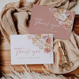 Staubig Rosa Danke Karten Vorlage, Brautparty Hochzeit Blush Rose Blumen Dankeschön Hinweis, Boho druckbare Dankeskarte, Sofort Download