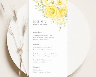 Butter Yellow Ivory Floral Wedding Menu, Reception Dinner Menu Card, Elegant Rose Garden Wedding Menu (Digital Download)