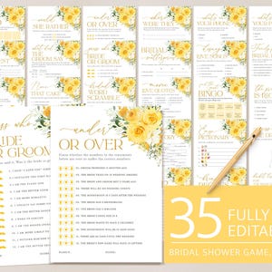 Yellow Floral Bridal Shower Games Bundle, Printable Boho Wildflower Rose Shower Game Set, Editable Elegant Games Pack Template, Download