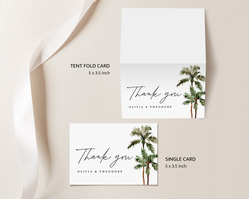 Palm Tree Wedding Thank You Card Template, Tropical Sage Thank You Note ...