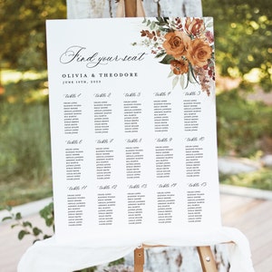 Terrakotta Hochzeit Sitzplan Vorlage, druckbares Boho Floral Großes Gast Sitzplan Zeichen, bearbeitbares Sitzbrett für Tisch in Orange