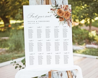 Terracotta Wedding Seating Chart Template, Printable Boho Floral Large Guest Seating Chart Sign, Editable Burnt Orange Table Seating Board