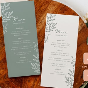 Plantilla de menú de boda minimalista Sage, tarjetas de menú de recepción con vegetación moderna, menú de cena botánica simple y elegante, descarga instantánea