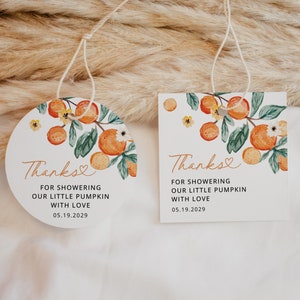 Little Cutie Thank You Favors Tags Template Baby Shower Editable Tag, Printable Citrus Orange Blossom Shower Round Circle Square Tags
