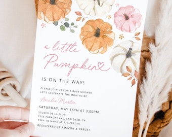 Pink Little Pumpkin Baby Shower Invitation Template, Girl Baby Shower Invites, Editable Fall Autumn Rustic Invite, Digital Instant Download