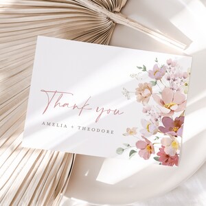 Boho Dankeskarten-Vorlage, Brautparty Hochzeit Blush Pink Blumen Dankeschön Hinweis, Wildblume personalisierte druckbare Dankeskarte, Amy