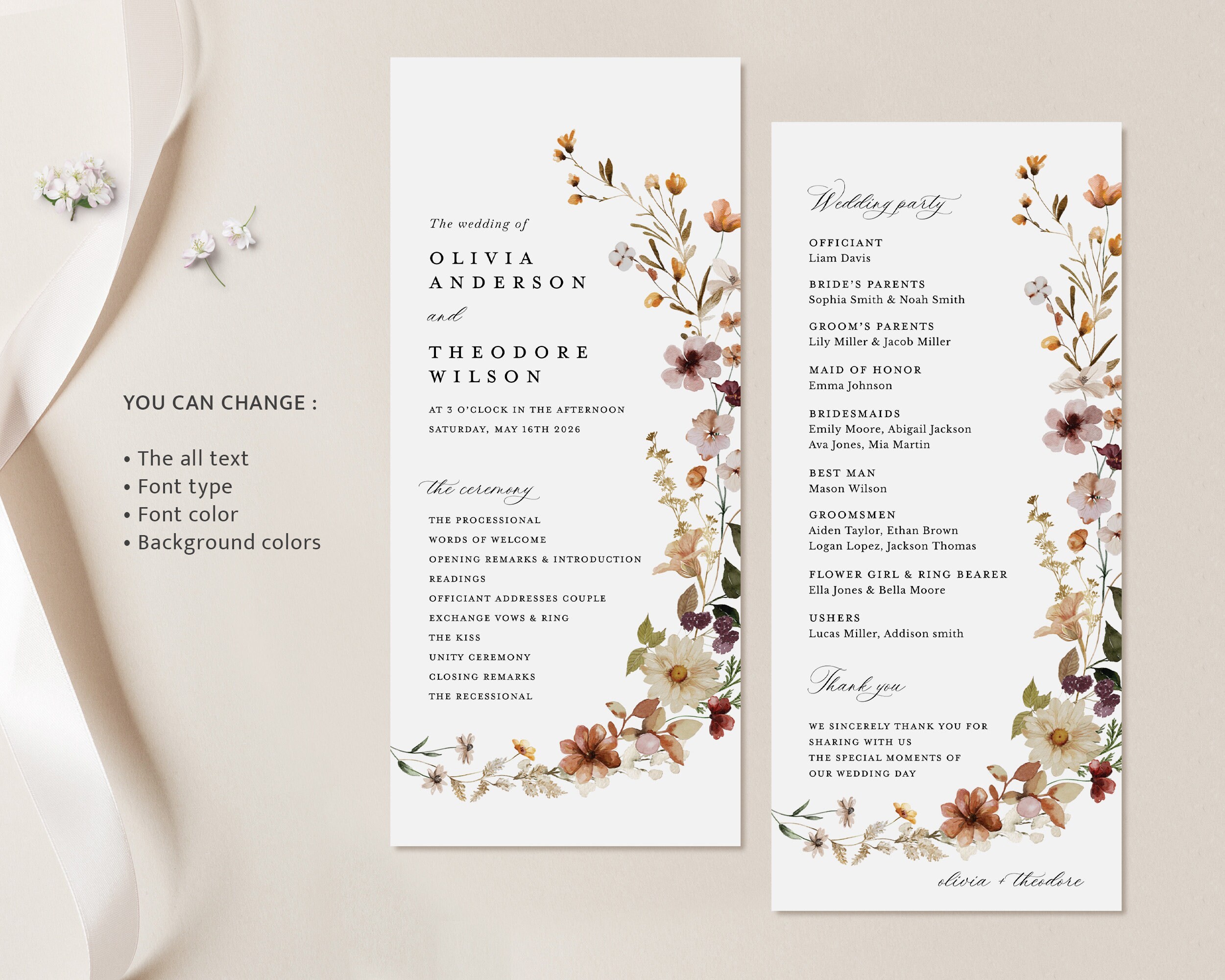Boho Wedding Programs Template, Terracotta Ceremony Program, Wildflower ...