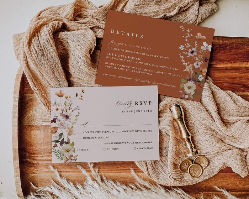 Terracotta Wedding Invitation Template Set, Boho Wildflower Wedding Invite Suite, Modern Elegant Floral Burnt Orange Details, RSVP, Download image 4