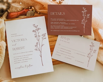 Terracotta Minimalist Wedding Invitation Template Set, Botanical Rust Wedding Invite Suite, Elegant Modern Simple Details, RSVP, Download
